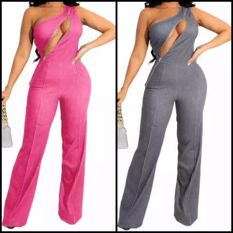 Women Fashion Sleeveless Zip Up Wide Leg Jumpsuit