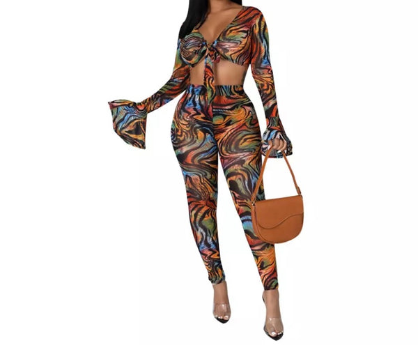 Women Sexy Crop Multicolored Print Two Piece Pant Set