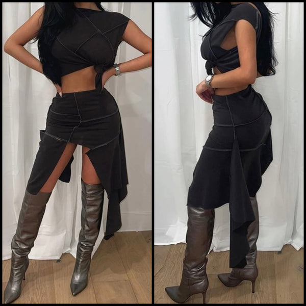 Women Fashion Black Short Sleeve Crop Two Piece Asymmetrical Skirt Set