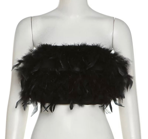 Women Sexy Strapless Black Feather Two Piece Skirt Set