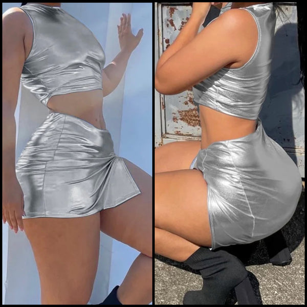 Women Sexy Sleeveless Silver PU Two Piece Skirt Set