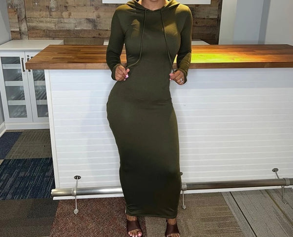 Women Fashion Hooded Side Zipper Full Sleeve Maxi Dress