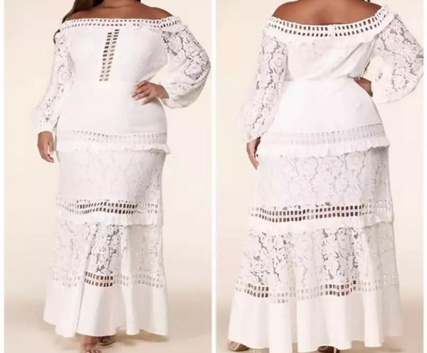 Women White Off The Shoulder Lace Patchwork Maxi Dress