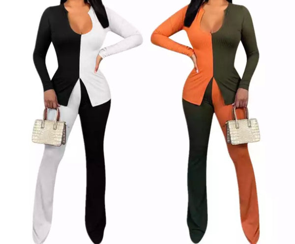 Women Fashion Ribbed Color Patchwork Two Piece Pant Set