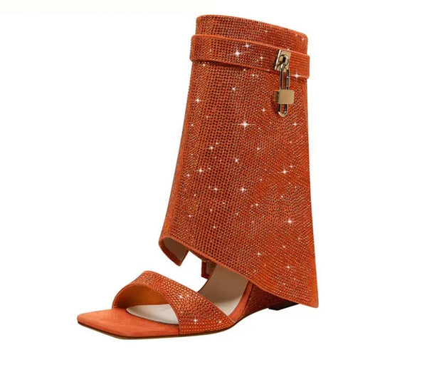 Women Bling Lock Open Toe Wedge Ankle Boots