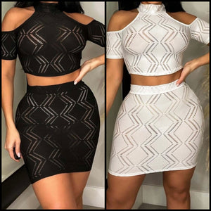 Women Short Sleeve See Through Two Piece Skirt Set