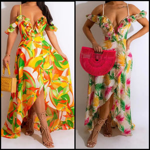 Women Sexy Tropical Ruffled Maxi Dress