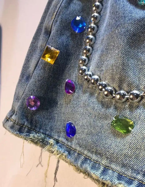 Women Crystal Fashion Denim Wrap Shorts