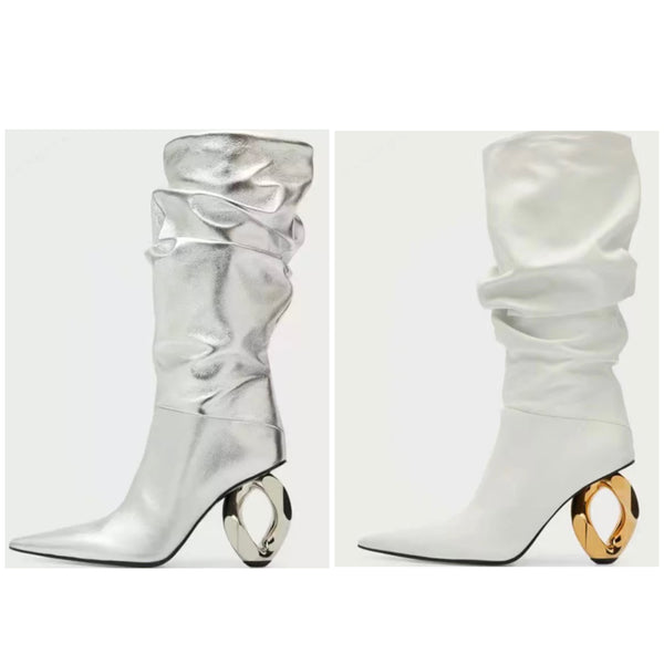 Women Ruched Pointed Toe Fashion Metal Heel Mid-Calf Boots