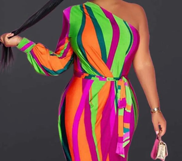 Women Multicolored Sexy One Shoulder Belted Dress