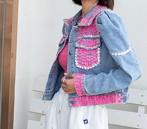 Women Fashion Sequins Patchwork Denim Crop Jacket