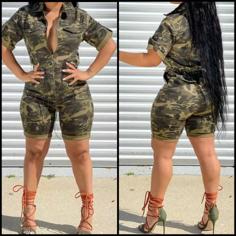 Women Fashion Button Up Short Sleeve Camouflage Romper