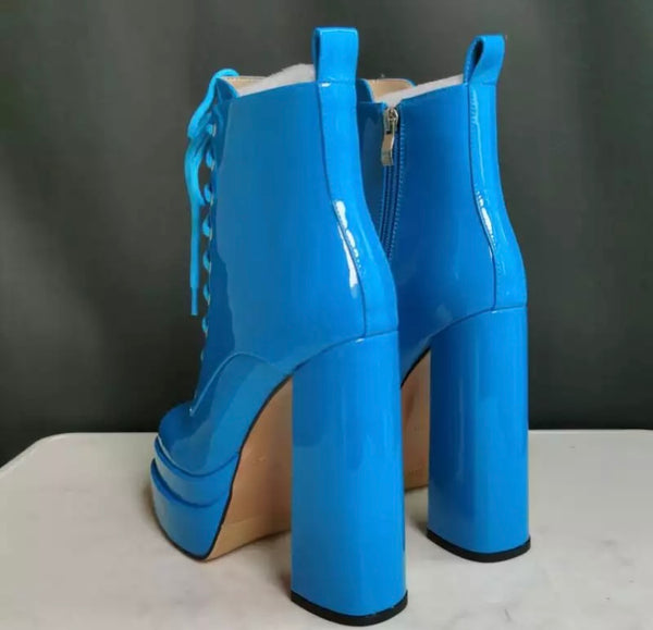 Women Patent Leather Lace Up Platform Ankle Boots