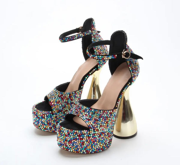 Women Platform Rhinestone Gold High Heel Sandals
