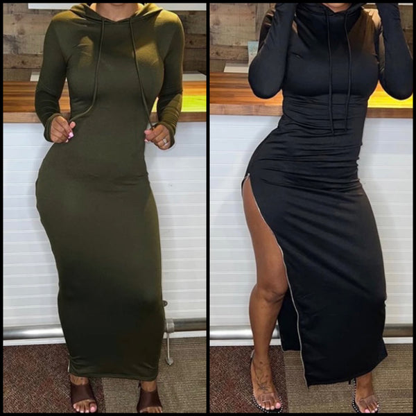 Women Fashion Hooded Side Zipper Full Sleeve Maxi Dress