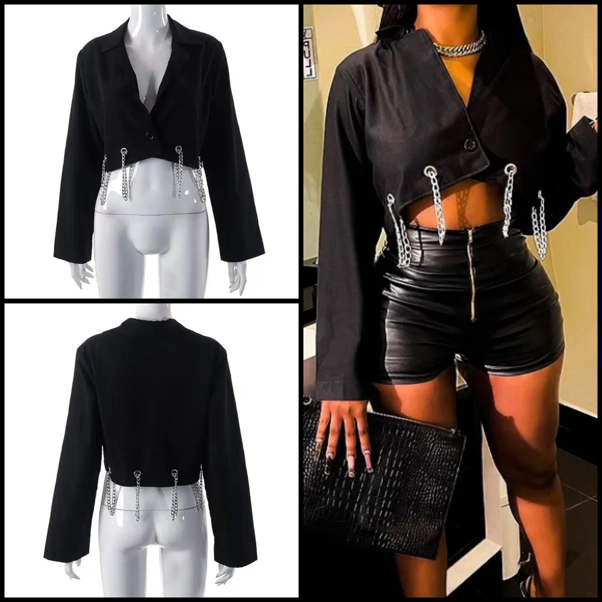 Women Fashion Black Chain Tassel Blazer Top