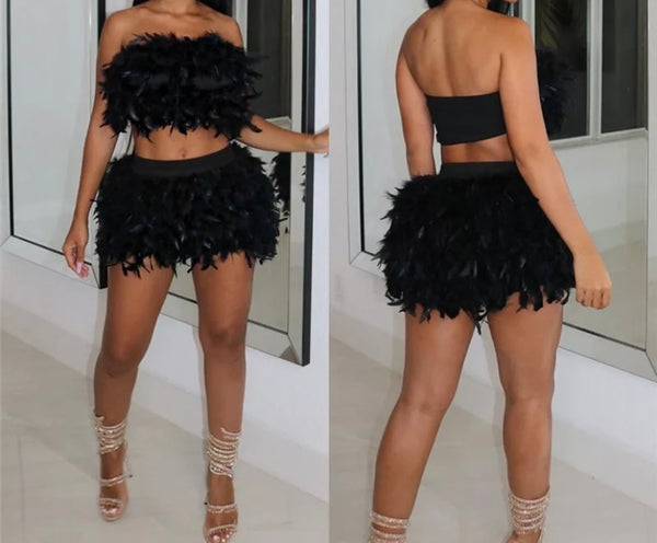 Women Sexy Strapless Black Feather Two Piece Skirt Set