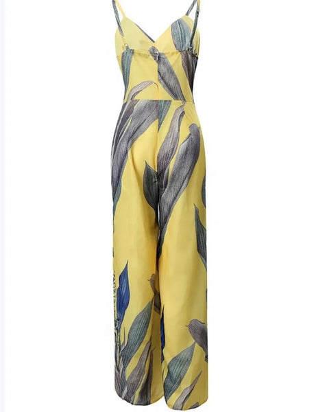 Women Yellow Printed Sleeveless Wide Leg Jumpsuit