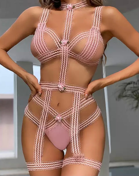 Women Pink Sexy Lace Up Lingerie Set