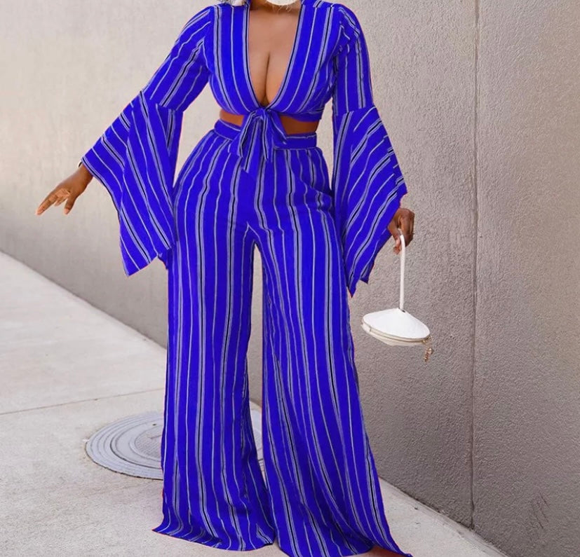 Women Striped Fashion Full Sleeve Two Piece Side Split Pant Set