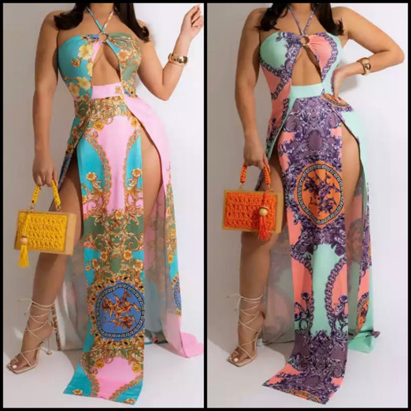 Women Printed Halter Cut Out High Split Maxi Dress