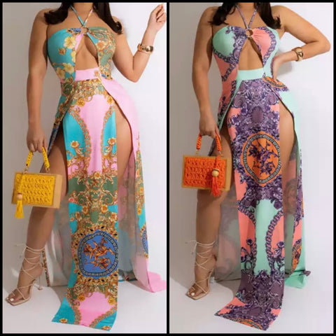 Women Printed Halter Cut Out High Split Maxi Dress