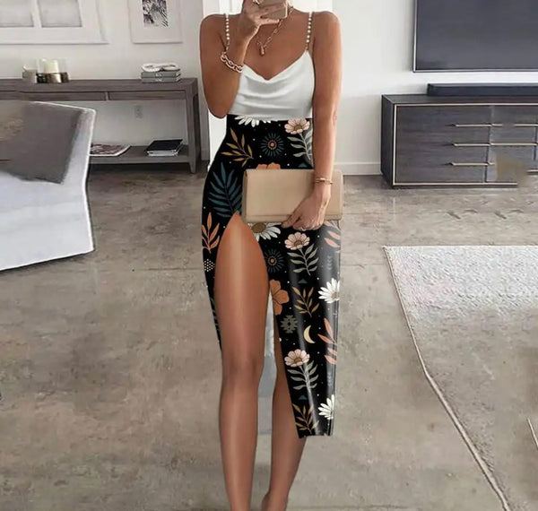Women Sexy Sleeveless Printed High Side Slit Dress