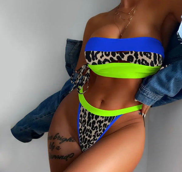 Women Strapless Sexy Animal Print Color Patchwork Bikini Swimsuit