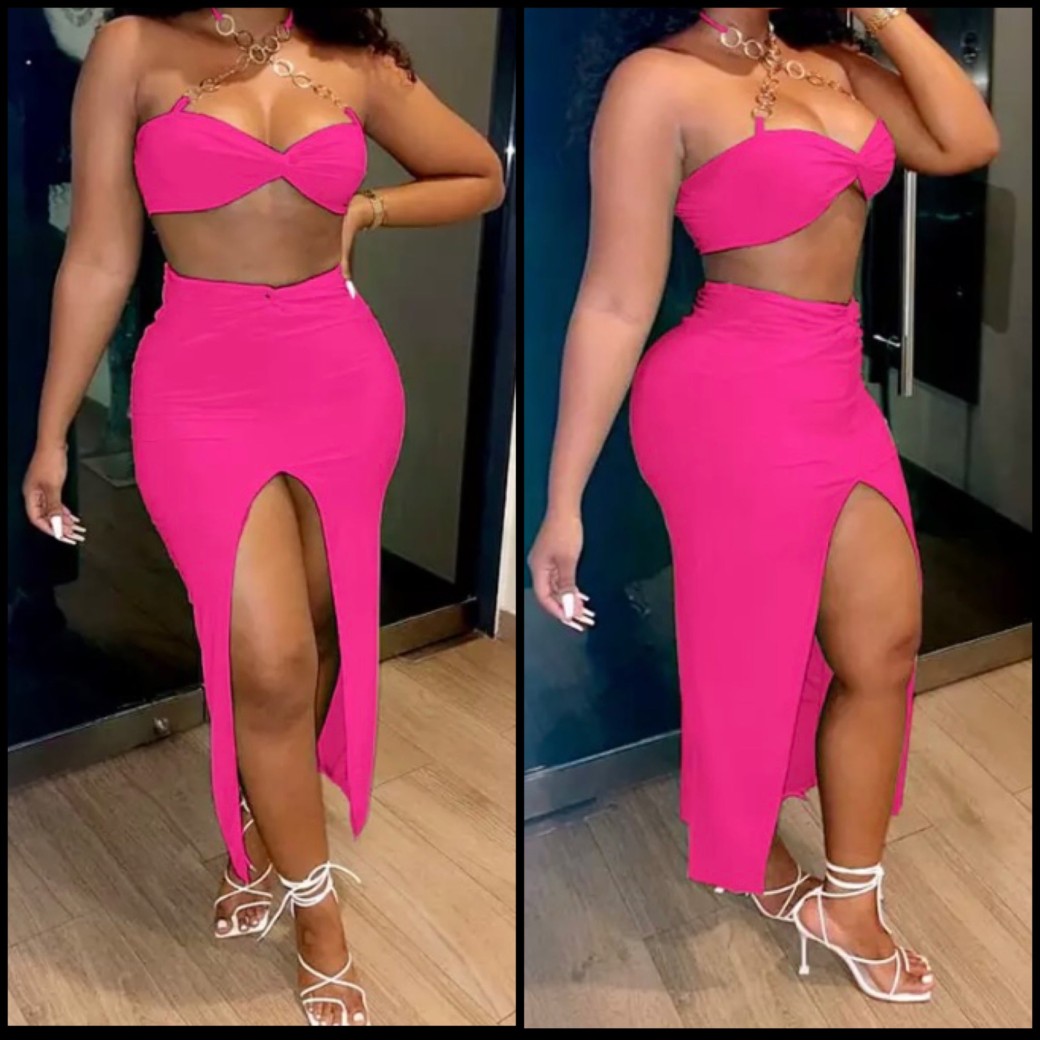 Women Sexy Chain Halter Crop Two Piece Skirt Set