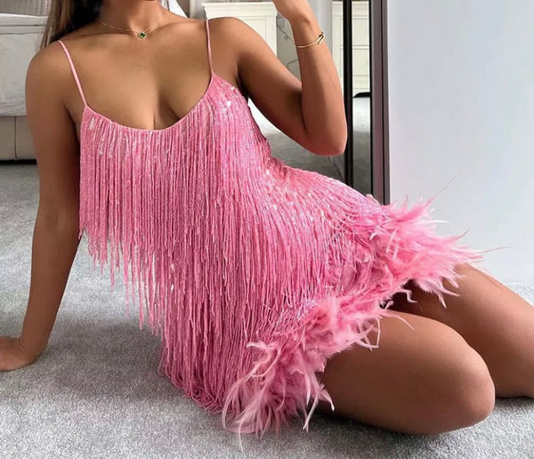 Women Sleeveless Sequins Tassel Sexy Feather Dress