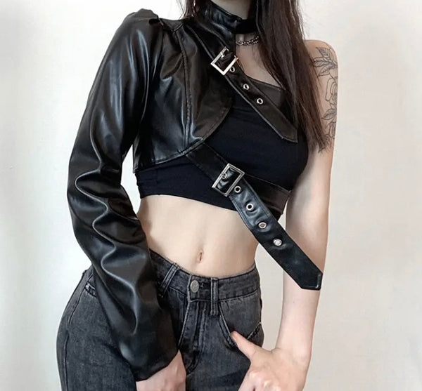 Women Fashion Black PU Buckled One Shoulder Crop Jacket