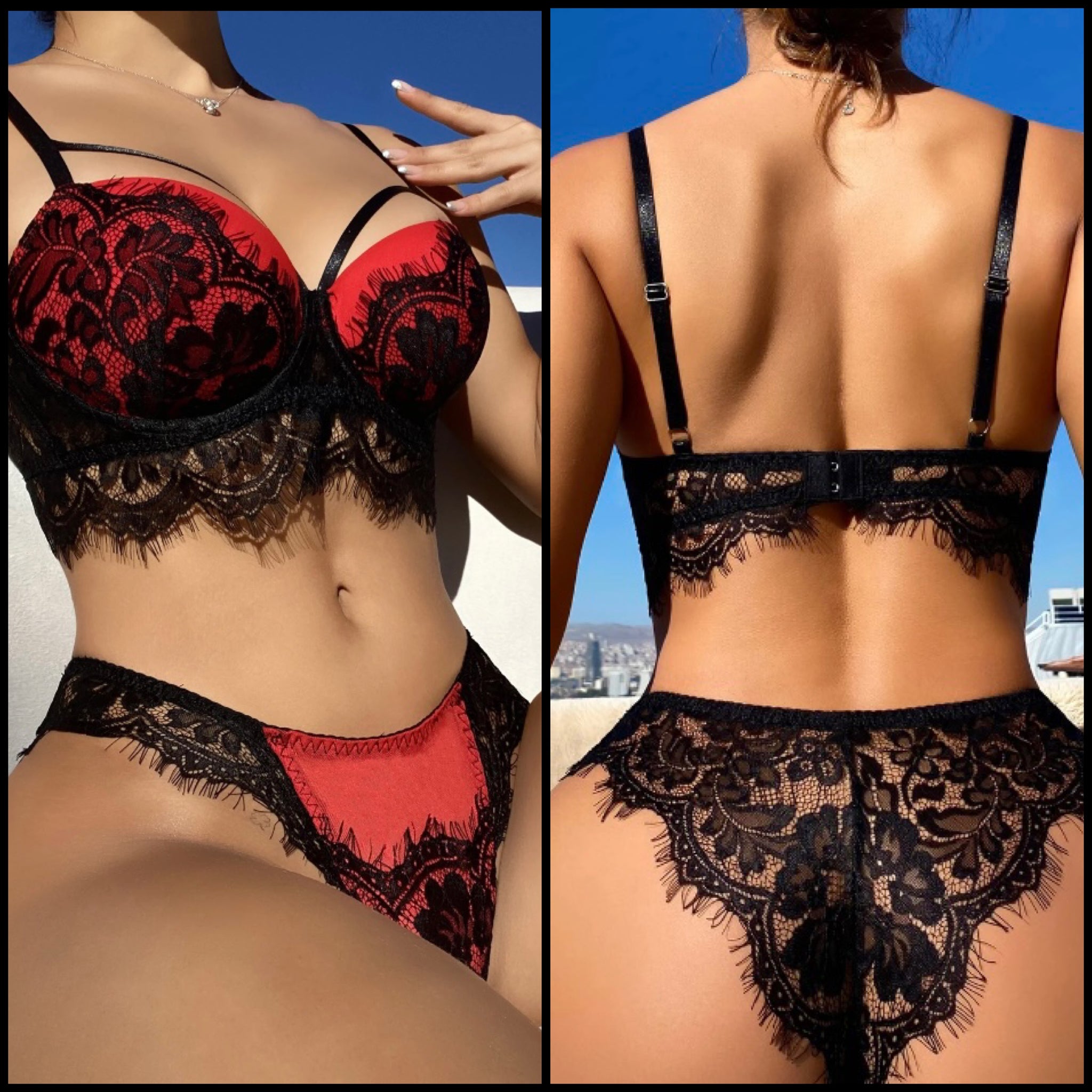 Women Sexy Red & Black Lace Lingerie Set