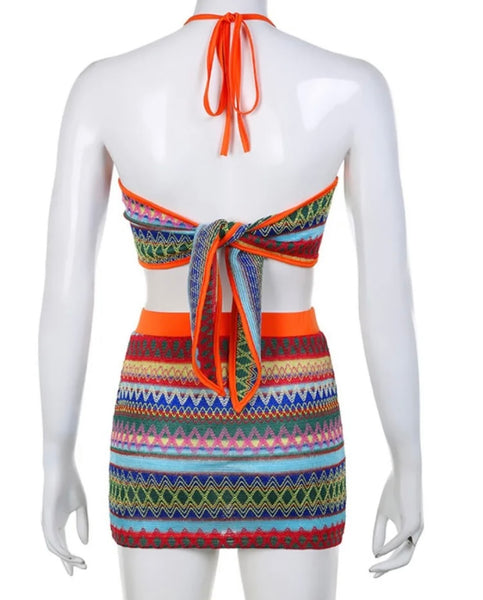 Women Sexy Multicolored Striped Halter Two Piece Skirt Set