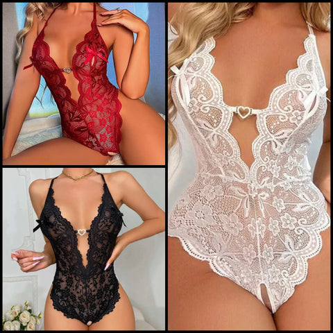 Women Sexy Lace Bling Heart Bodysuit Lingerie