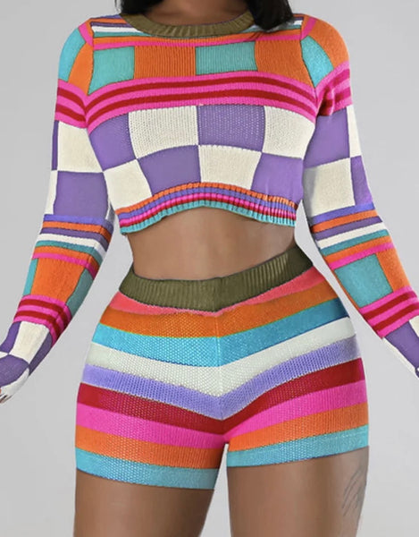 Women Sexy Fashion Full Sleeve Multicolored Striped Two Piece Short Set