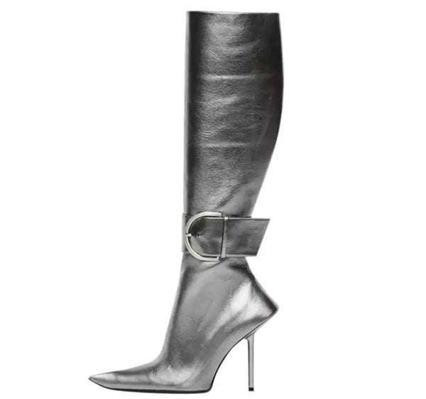 Women Pointed Toe Buckled Strap Knee High Boots