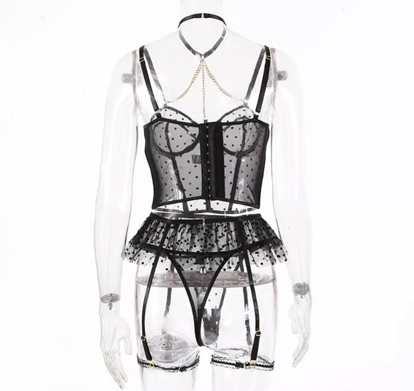 Women Sexy Black Dot Chain Ruffled Lingerie Set