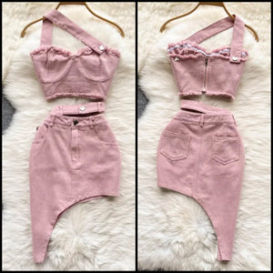 Women Sexy Pink One Shoulder Crop Two Piece Skirt Set