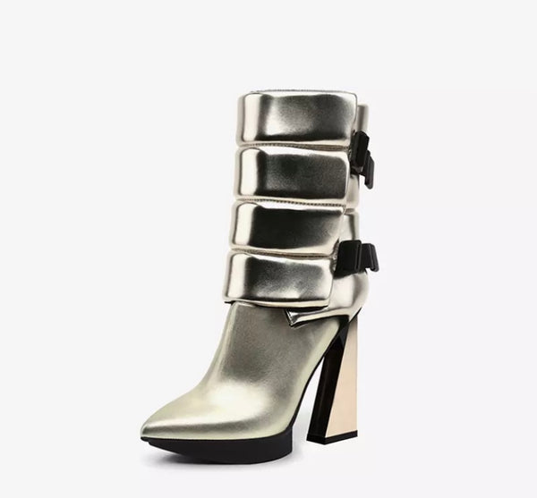 Women Fashion Buckled Pointed Toe Ankle Boots