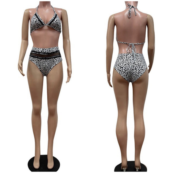Women Printed Mesh Patchwork Halter Bikini