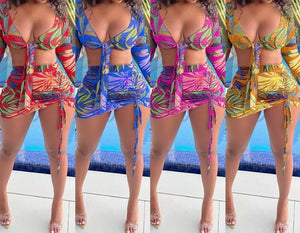 Women Sexy Tropical Print Full Flare Sleeve Two Piece Skirt Set