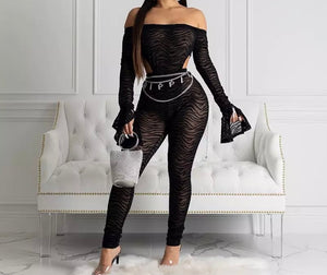 Women Sexy Off The Shoulder Printed Mesh Two Piece Pant Set