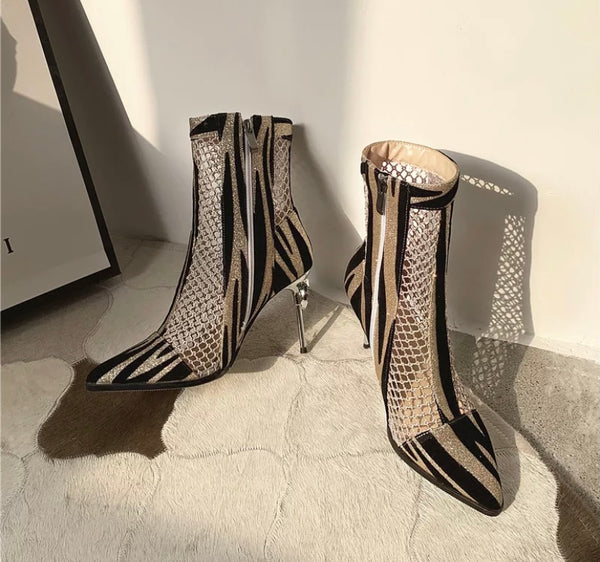 Women Printed Mesh Fashion High Heel Ankle Boots