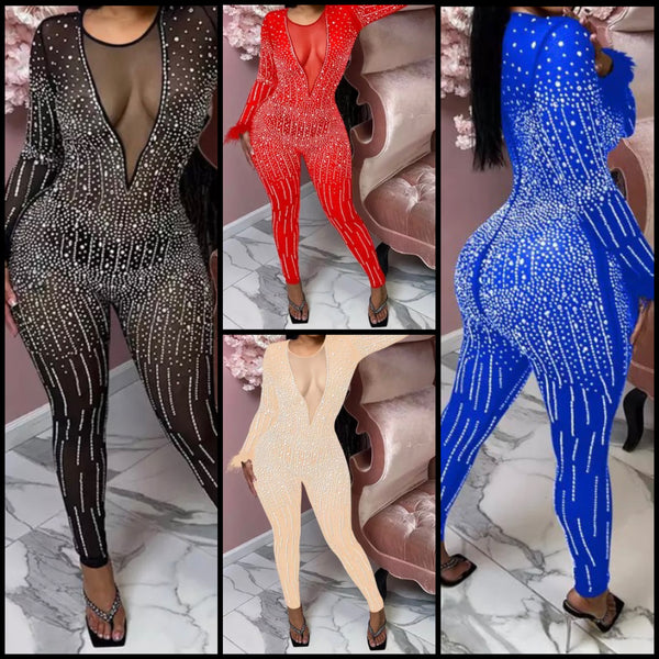 Women Sexy Bling Mesh Full Feather Sleeve Jumpsuit