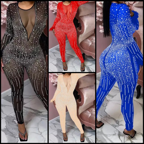 Women Sexy Bling Mesh Full Feather Sleeve Jumpsuit