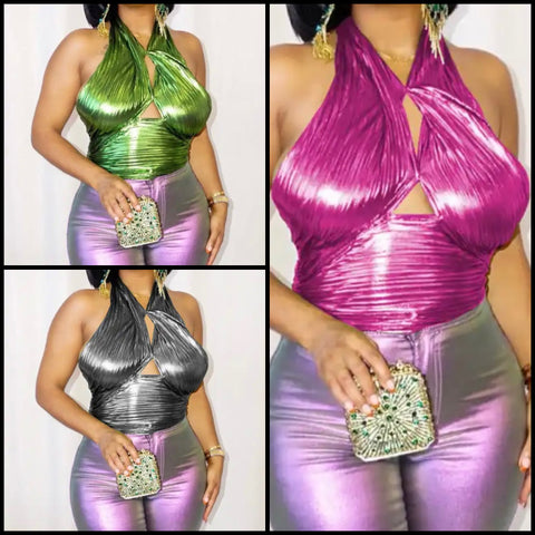 Women Sexy Metallic Halter Crop Top