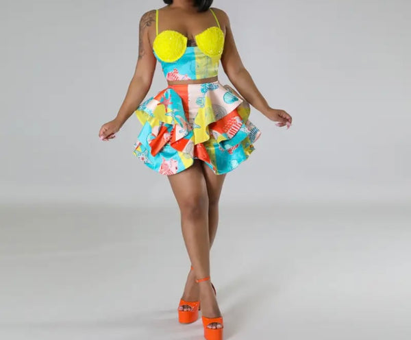 Women Sexy Sleeveless Multicolored Ruffled Two Piece Skirt Set