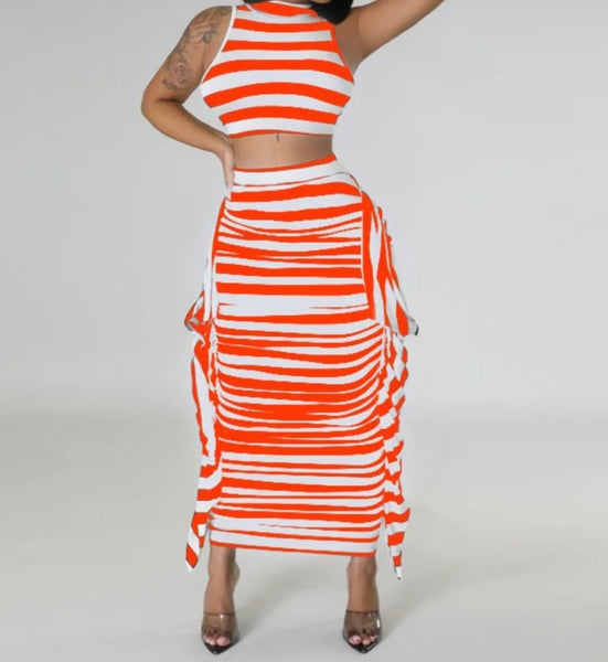 Women Sexy Striped Short Sleeve Crop Two Piece Maxi Skirt Set