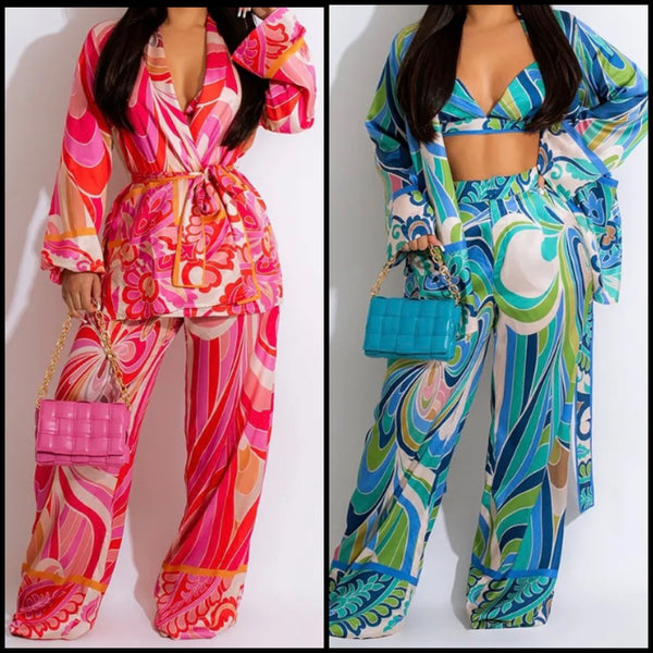 Women Printed Sexy Three Piece Wide Leg Pant Set