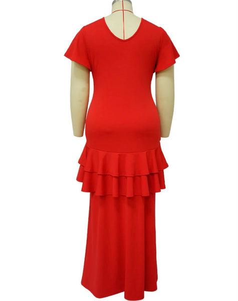 Women Sexy Short Sleeve Front Slit Ruffled Maxi Dress